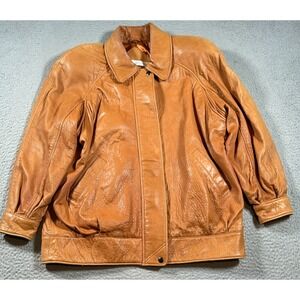 Vintage Andrew Marc Bomber Jacket Womens Large Brown Leather Full Zip Biker